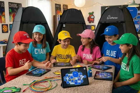 Bambini con t-shirt Among Us colorate a festa a tema