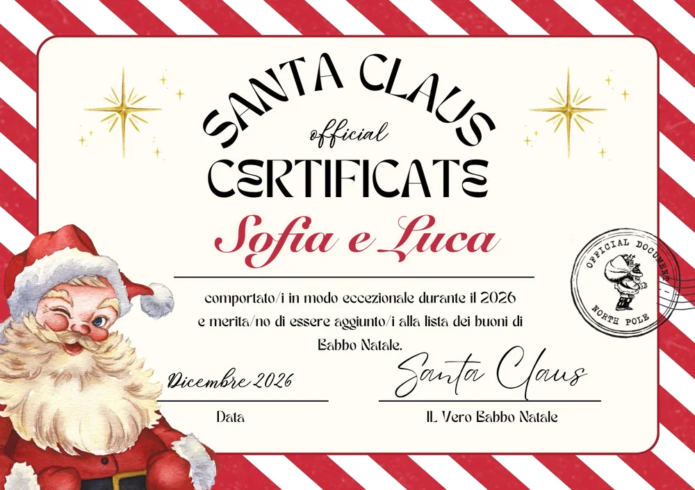 Esempio del diploma di bambino buono firmato da Babbo Natale, con i nomi dei bambini