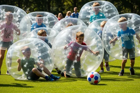 Bambini giocano a bubble soccer con bolle gonfiabili in prato