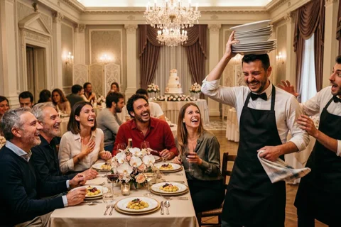 Cameriere pazzo a un ricevimento elegante - intrattenimento adulti