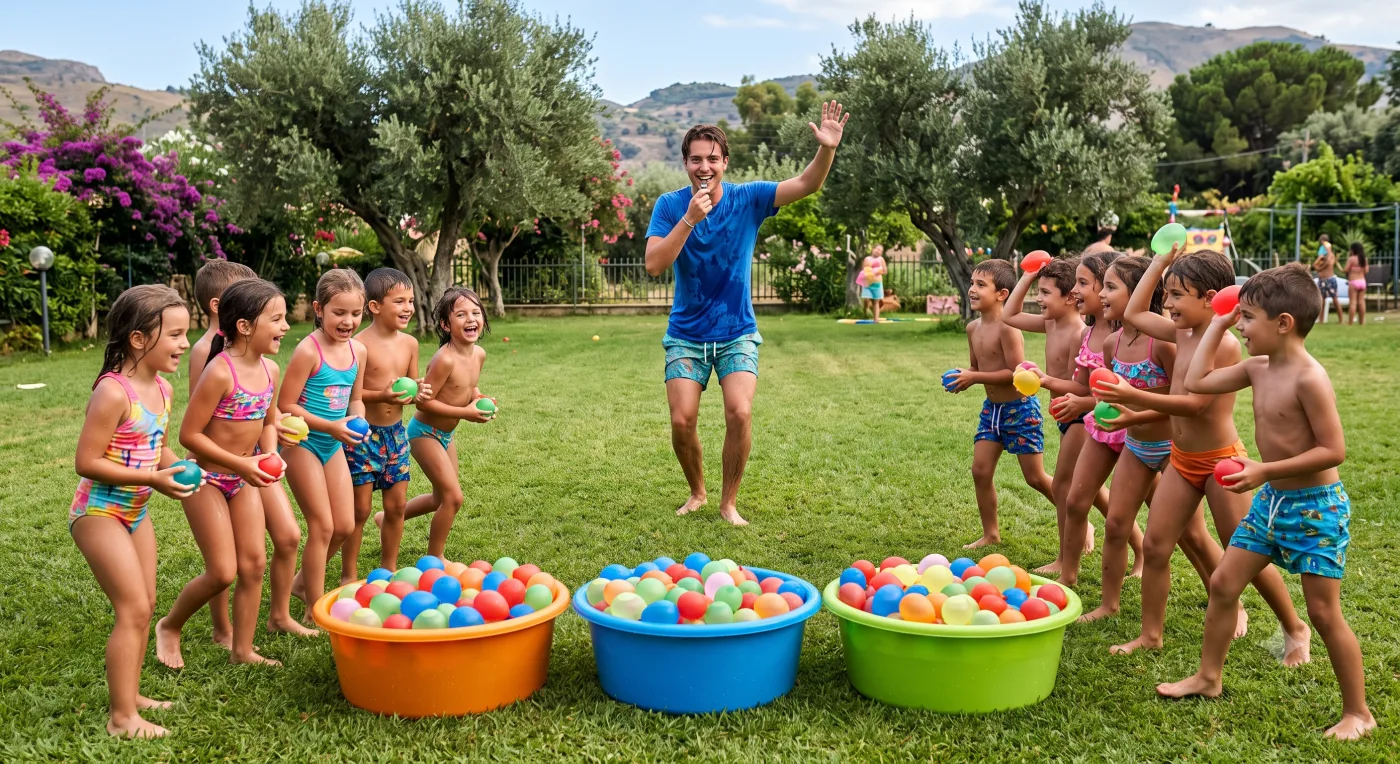 Bambini che si lanciano gavettoni pieni d'acqua durante il gioco