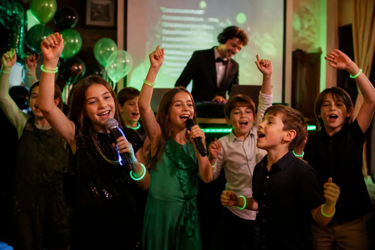 Ragazzi che cantano al karaoke con i microfoni e l'animatore DJ in giacca e papillon, braccialetti luminosi verdi