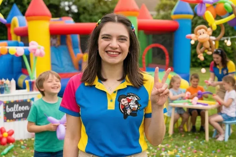 Animatrice del team Il Mago Max gioca con i bambini a una festa