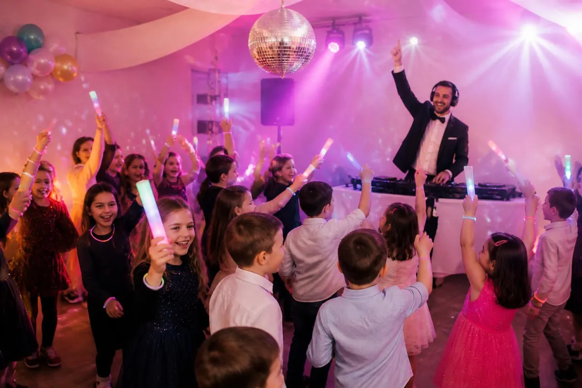 Bambini che ballano alla mini disco con braccialetti luminosi, palla da discoteca e animatore DJ
