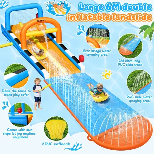 Scivolo acquatico gonfiabile 10 metri a 2 corsie con irrigatori e tavole da surf - noleggio Palermo e Sicilia