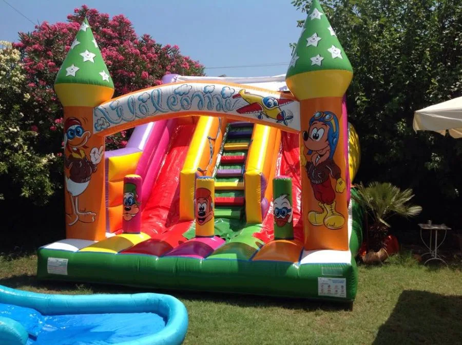 Castello gonfiabile a tema Topolino con scivolo, giardino siciliano