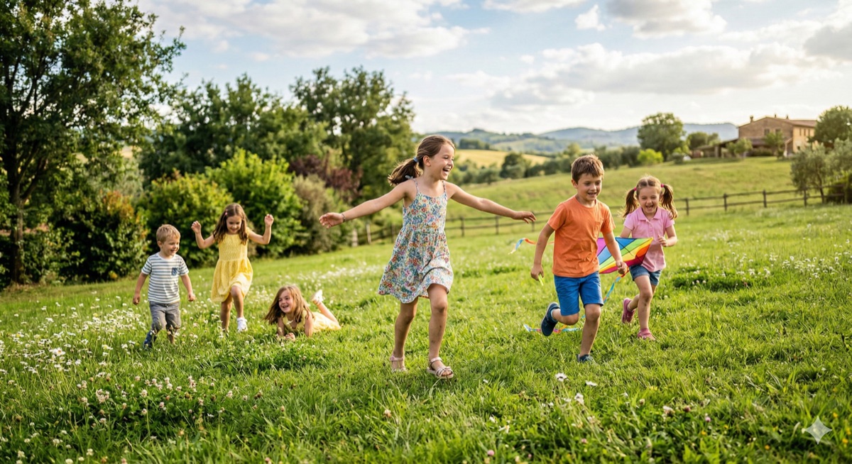Caccia al tesoro di Pasqua - bambini che corrono e si divertono all'aperto