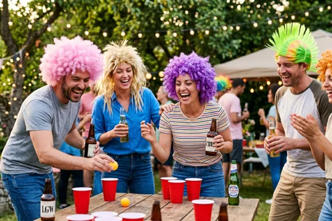 Gruppo amici con parrucche colorate a serata giochi adulti