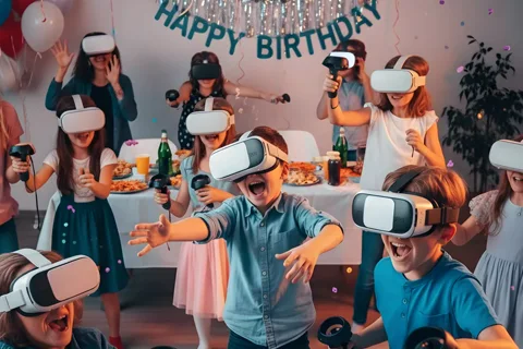 Bambini giocano con visori VR Meta Quest a festa di compleanno